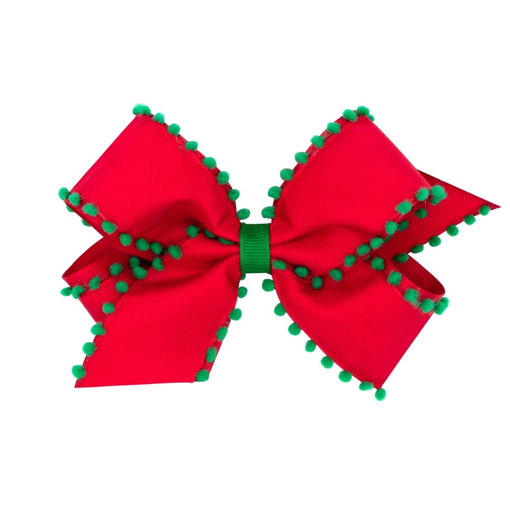 1548 Girls' Holiday Style Pom-Pom Edge Grosgrain Overlay Hair Bow King
